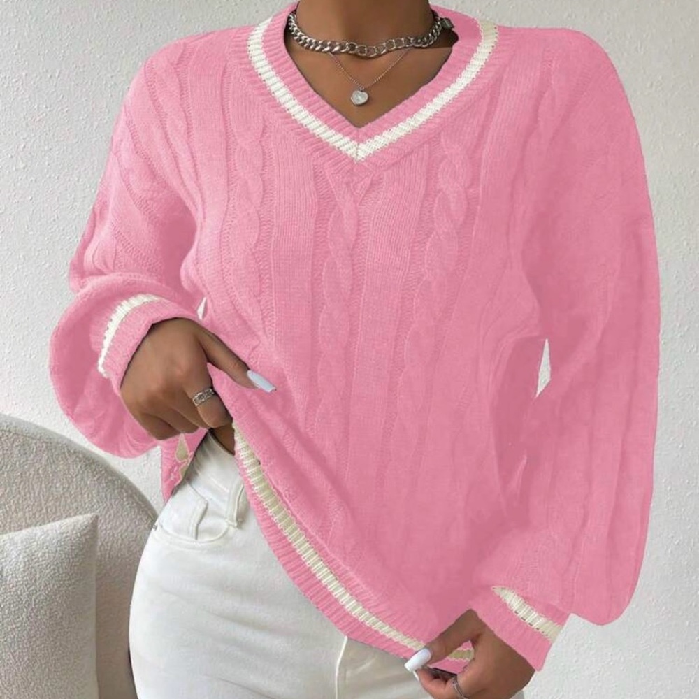 SHEIN Pink V-Neck Cable Knit Sweater